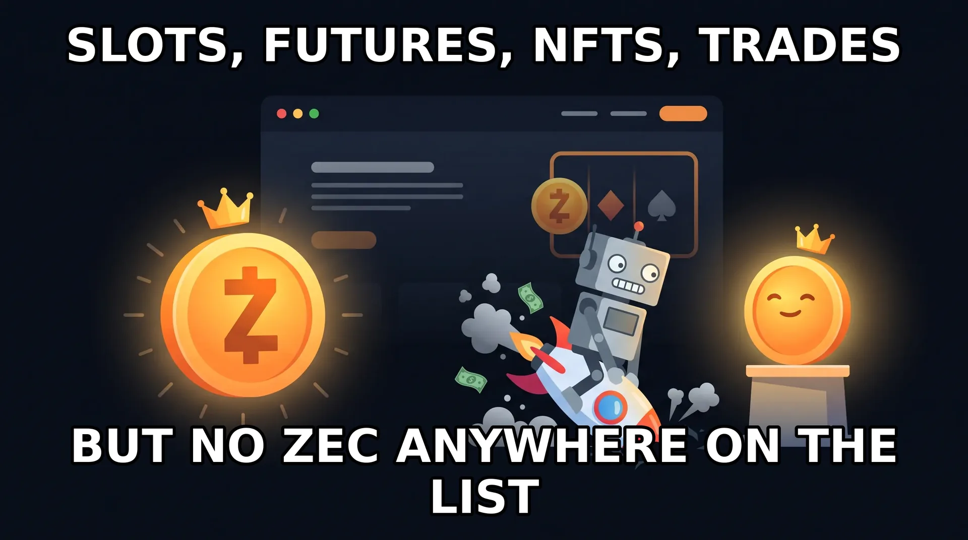 Meme: Rollbit tries hard to look cool while the glowing Zcash coin steals the show.