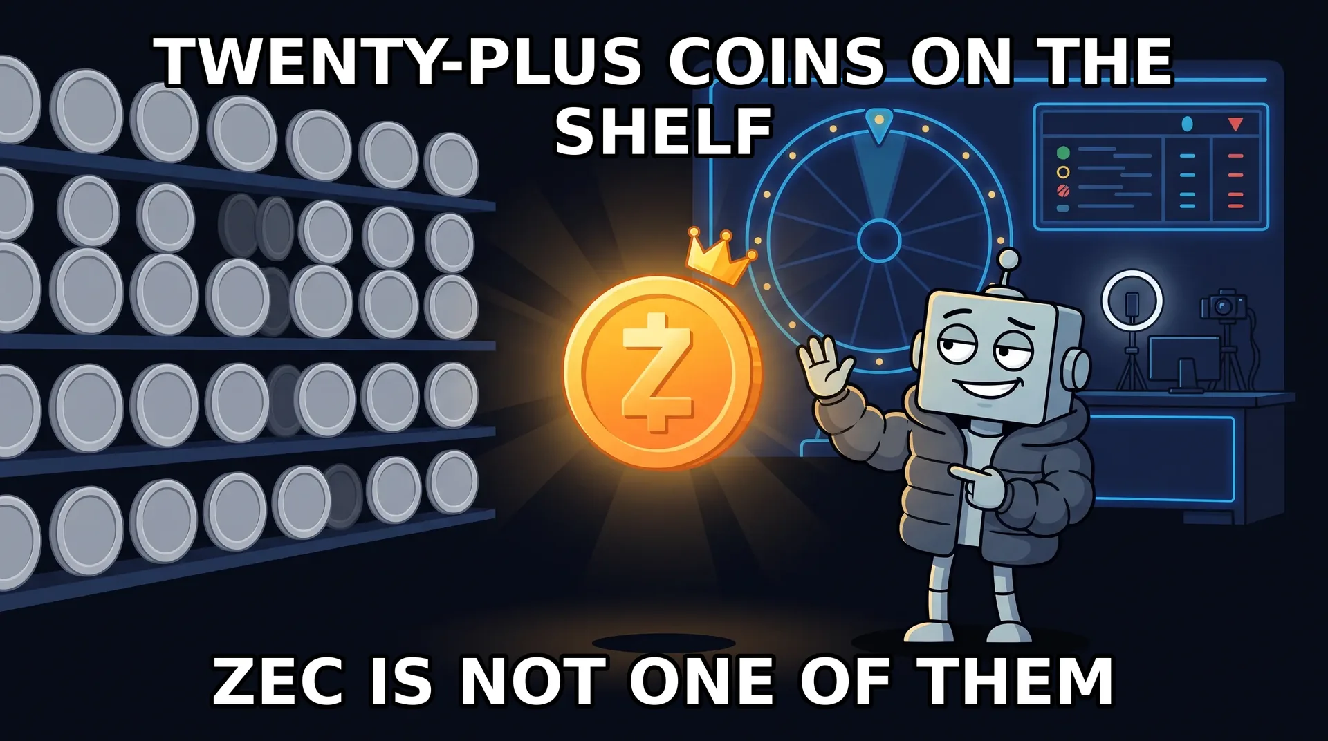 Meme: Stake tries hard to look cool while the glowing Zcash coin steals the show.