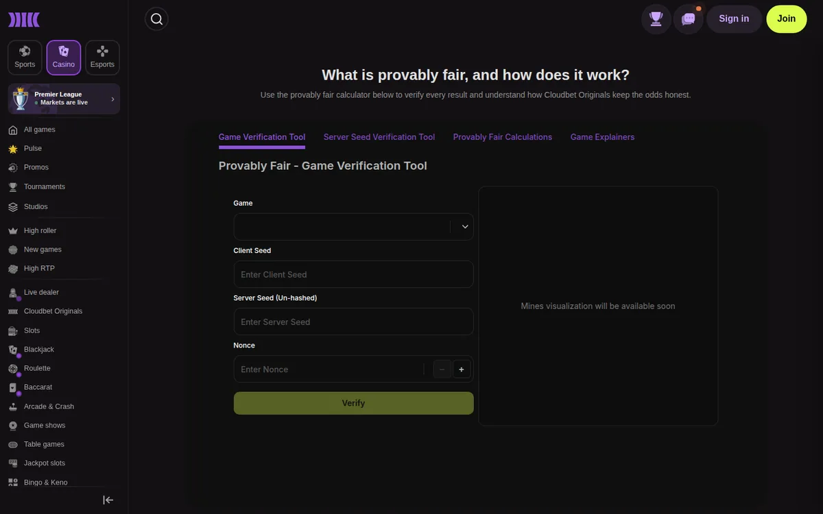 Screenshot: Cloudbet provably-fair page