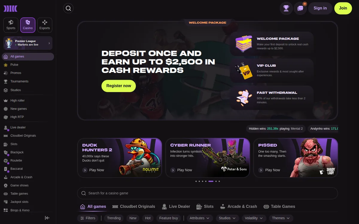 Screenshot: Cloudbet game lobby