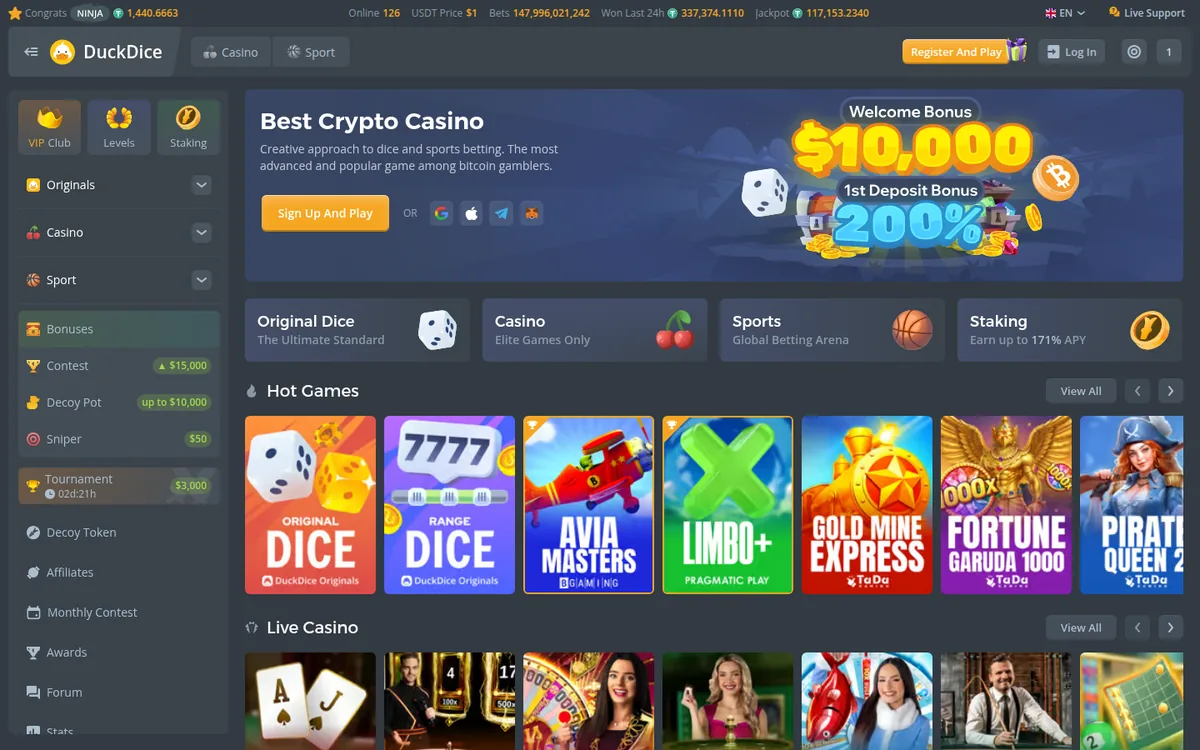 Screenshot: DuckDice homepage