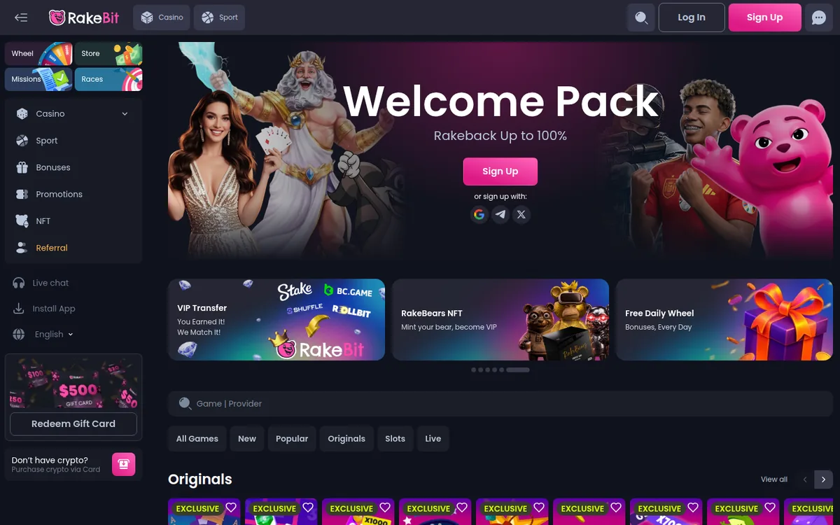 Screenshot: Rakebit homepage