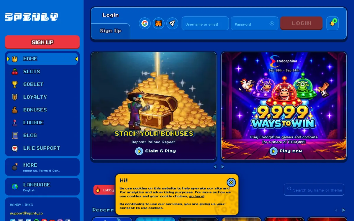 Screenshot: Spinly homepage